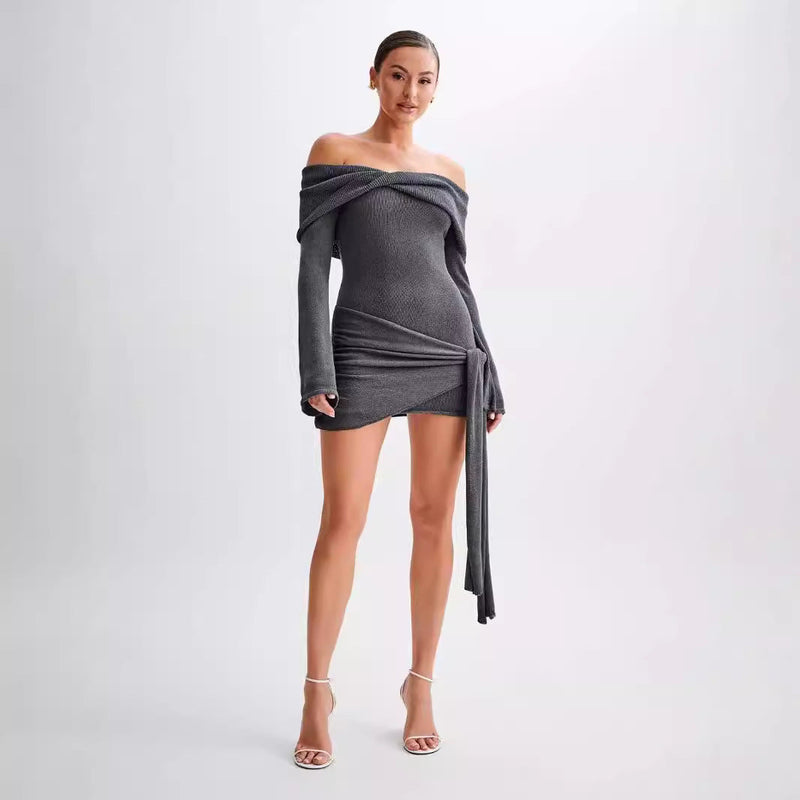 Sidony - Waist Knot Off-shoulder Knitted Mini Dress