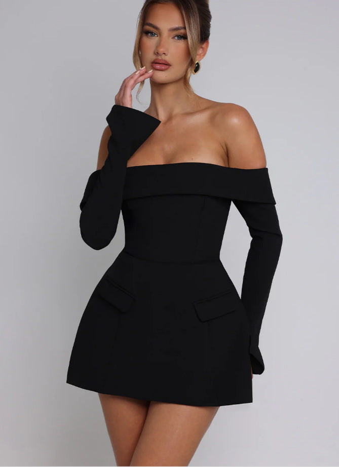 Off-shoulder Mini Flare Dress With Long Sleeves