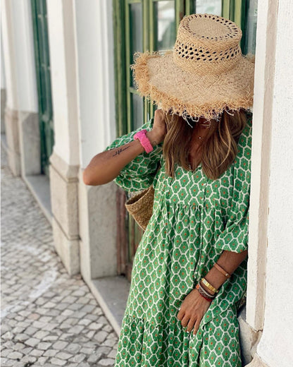 Fashionable Street Picnic Bubble Sleeve Layered Party Midi Dress