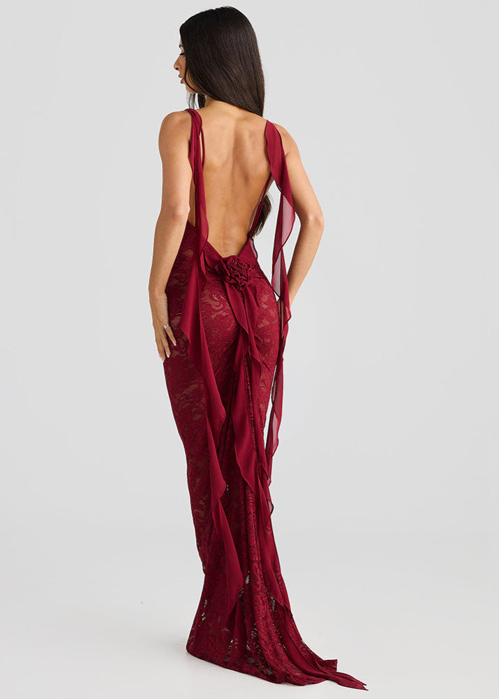 Scarlet - Lace Backless Maxi Dress With Chiffon Ties
