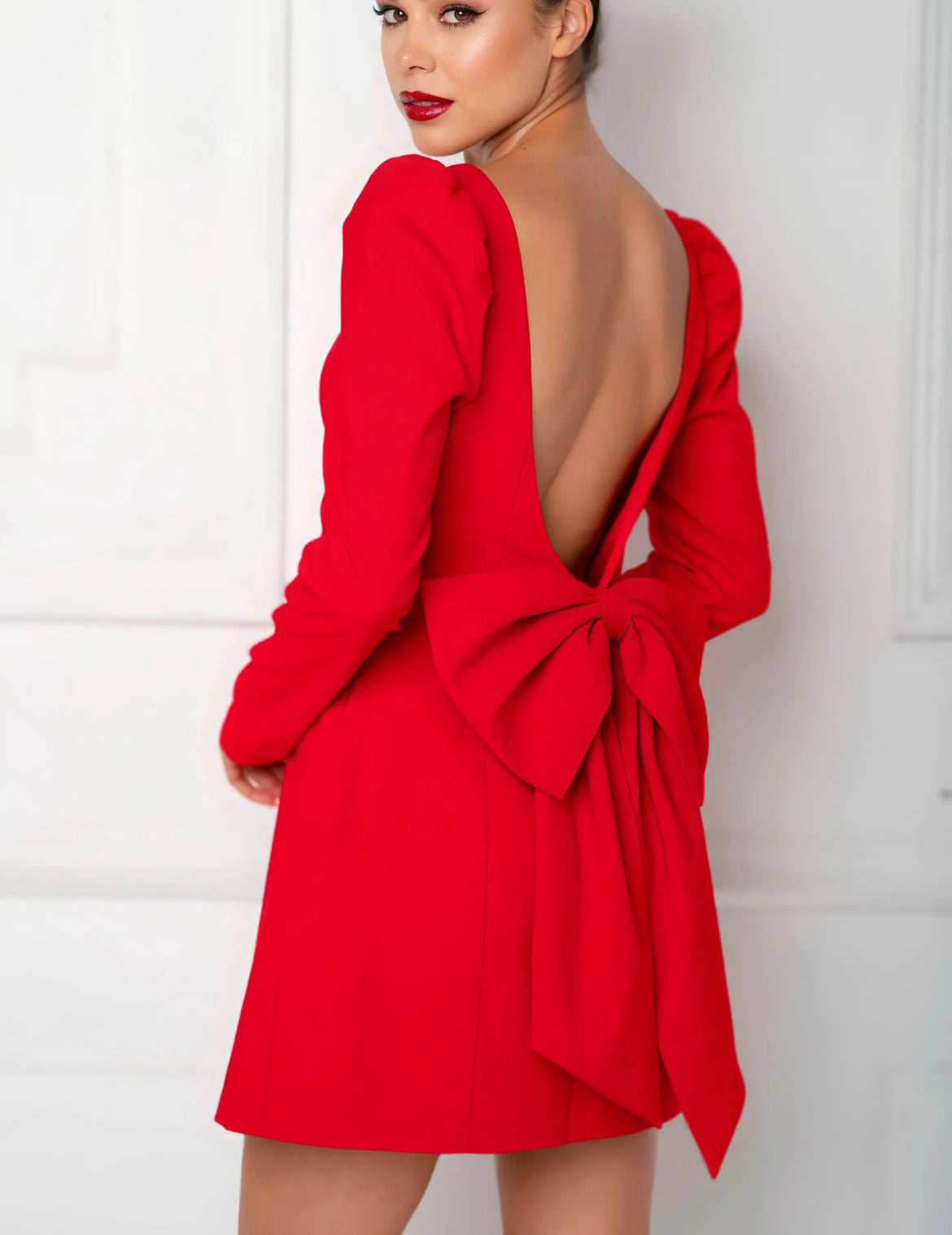 Party Dress Fluffy Shoulder Long Sleeved Back Bow Detail Mini Dress