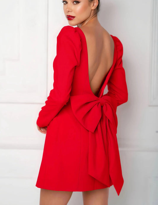 Party Dress Fluffy Shoulder Long Sleeved Back Bow Detail Mini Dress