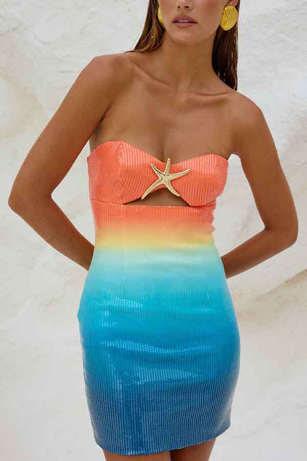 Gradient Sequin Off-the-shoulder Hollow Slim Mini Dress