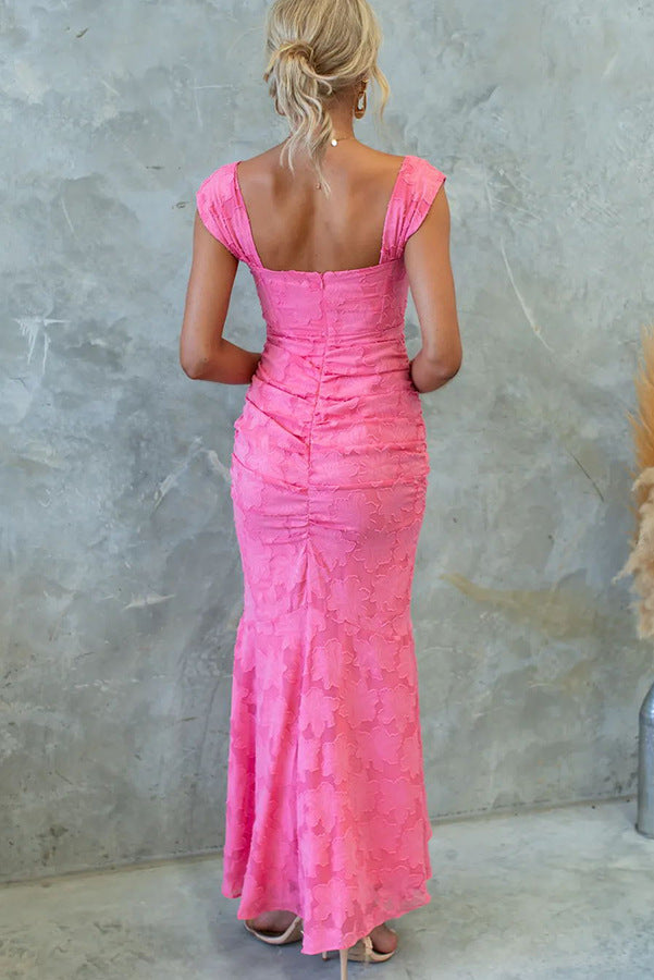 Unreal Beauty Textured Material Ruched Fishtail Maxi Dress