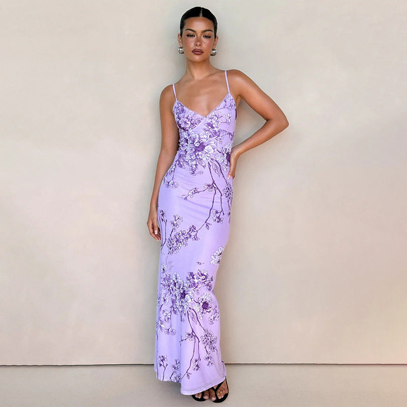 V-neck Purple Cami Bodycon Maxi Dress