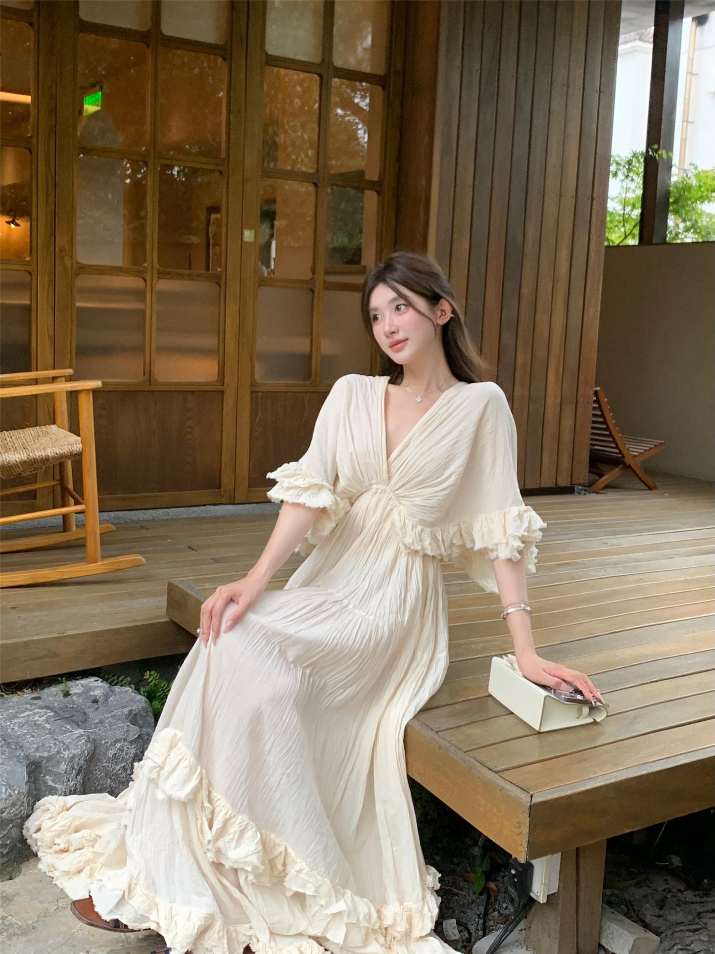 Tailande Linen Maxi Dress _ V-neck Ruffle Goddess Gown With 10-meter Full Hem
