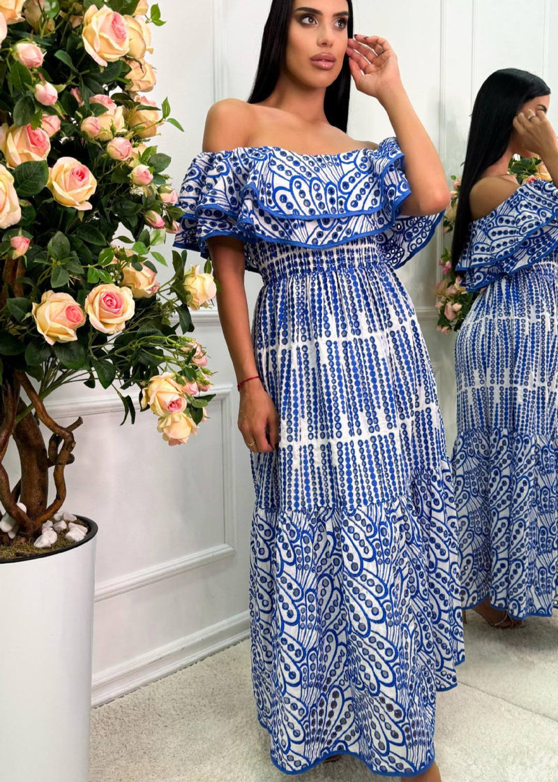 Marina Ruffle Off-shoulder Dress – Blue Embroidered Maxi
