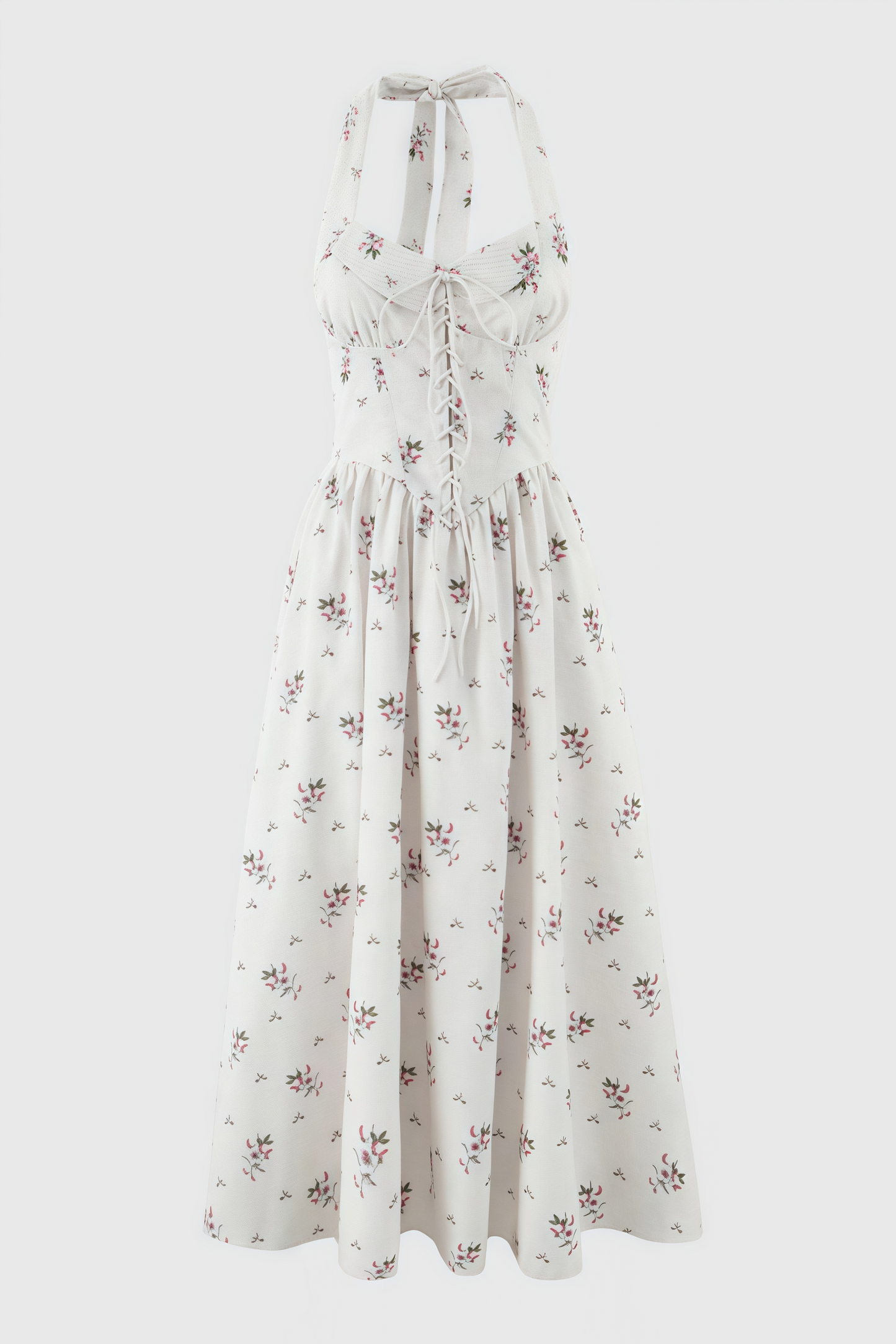 Zinnia Print Stretch Cotton Halter Neck Midi Dress