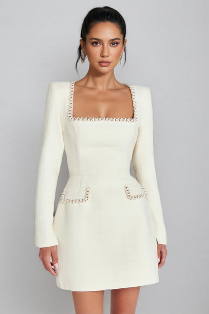 Saila U Neck Long Sleeve Mini Dress-white
