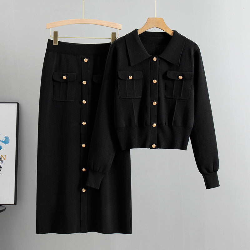 Knitted Slim-fit Two Piece Set - Black