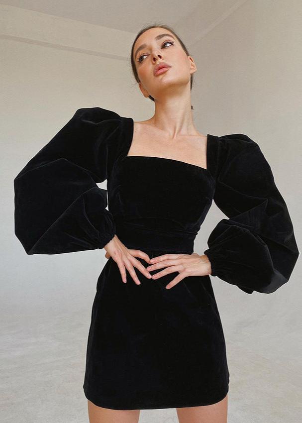 Velvety Balloon-sleeve Mini Dress