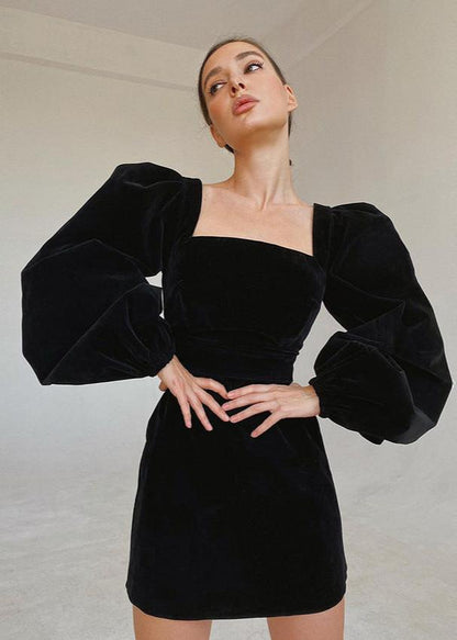 Velvety Balloon-sleeve Mini Dress