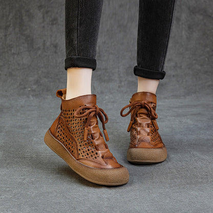 Layer Cowhide Hollow Flat Soft Bottom Boots