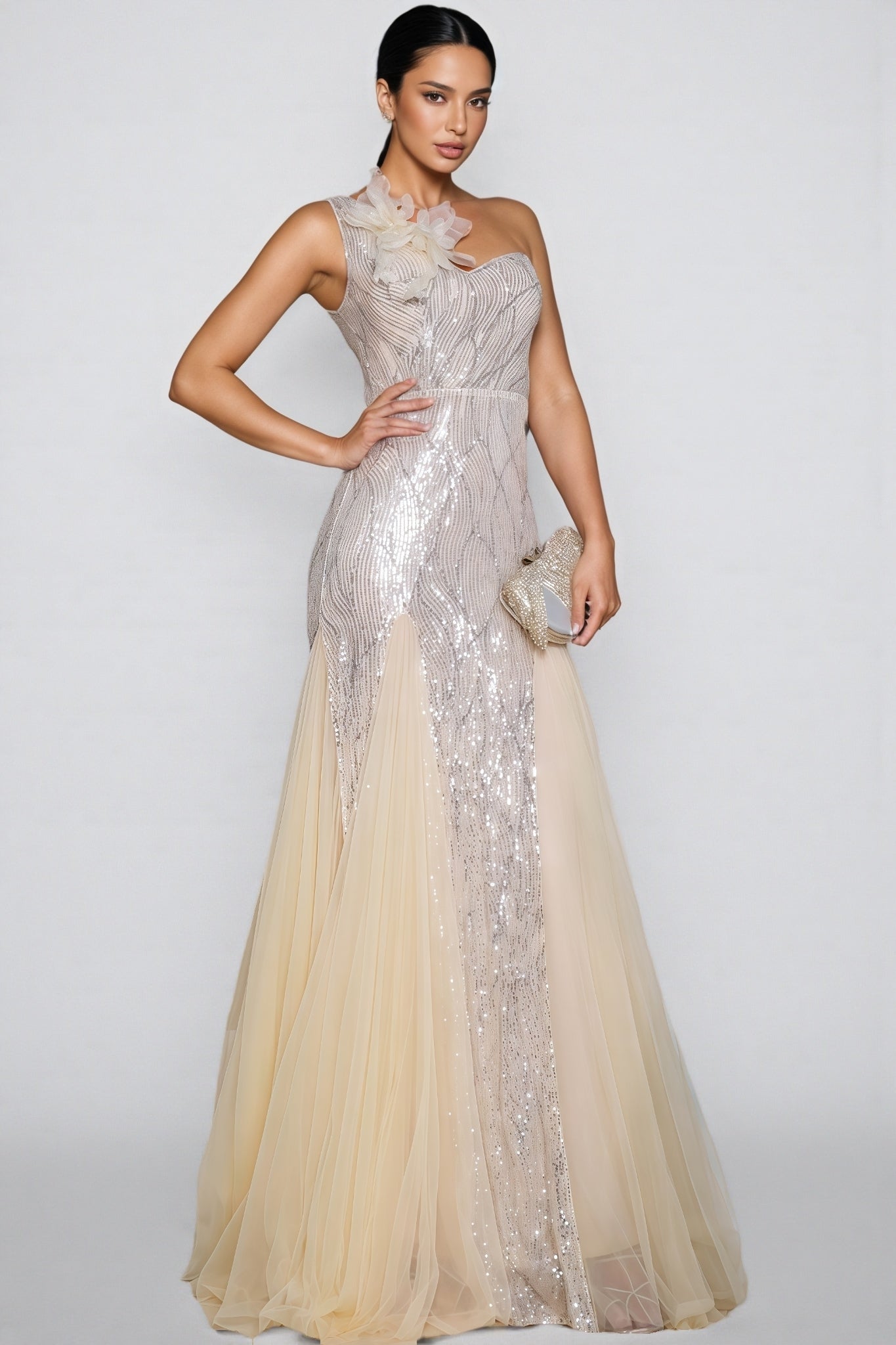 Trevt Single Shoulder Sequined Slit Maxi Dress
