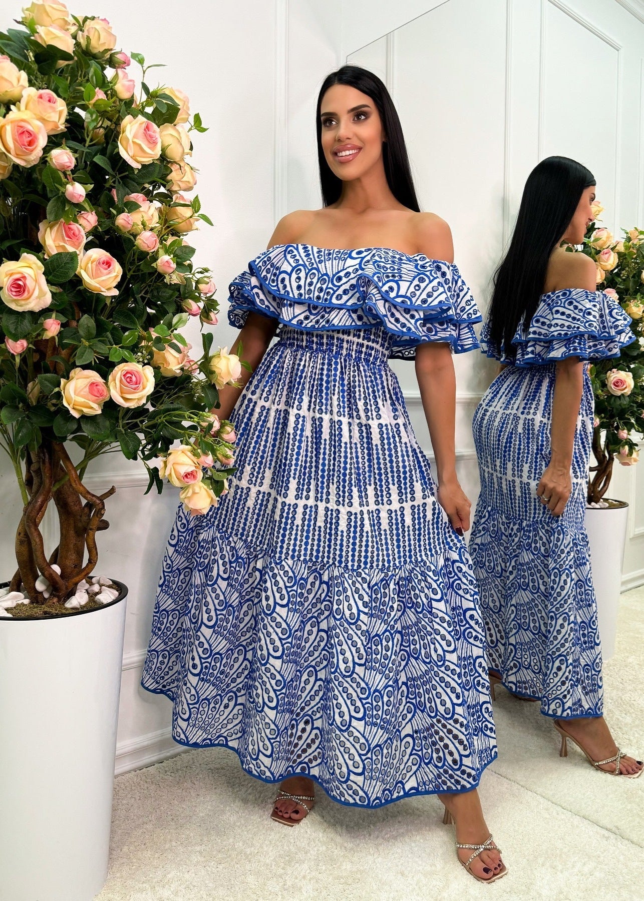 Marina Ruffle Off-shoulder Dress – Blue Embroidered Maxi