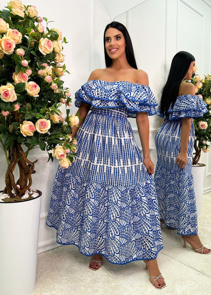Marina Ruffle Off-shoulder Dress – Blue Embroidered Maxi