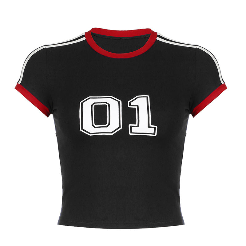 American Street Style Digital Print Contrast Color Short-sleeved T-shirt for