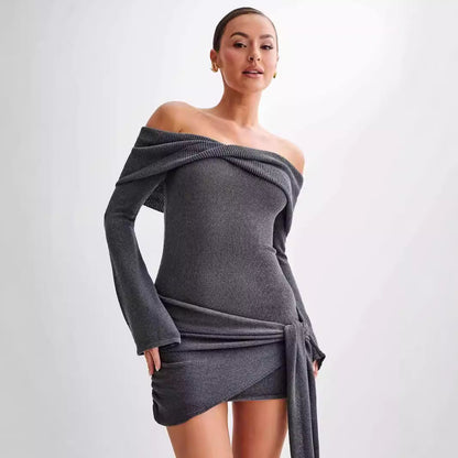 Sidony - Waist Knot Off-shoulder Knitted Mini Dress