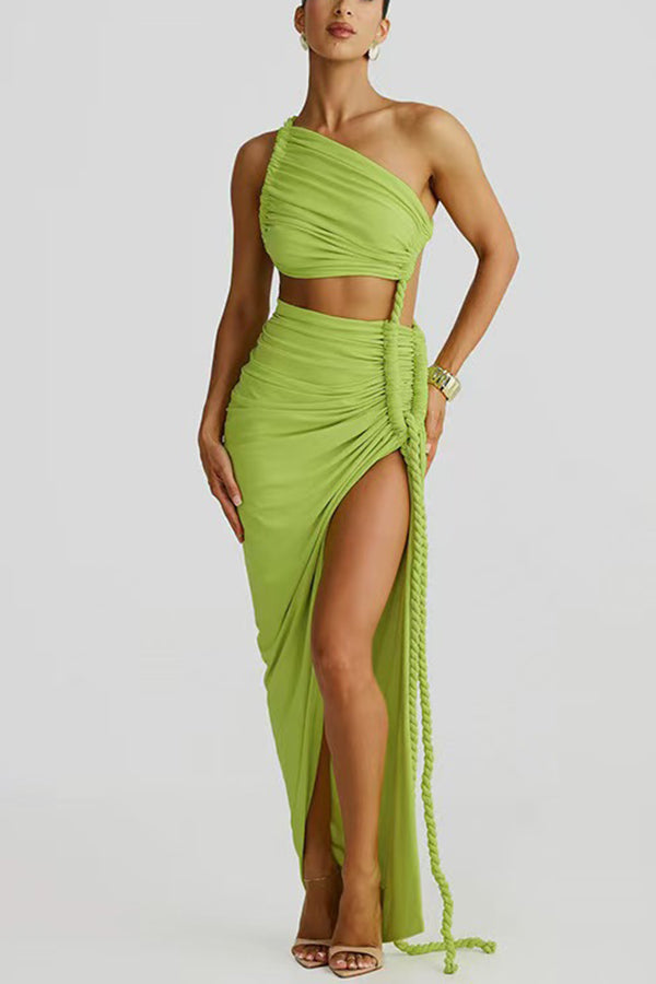 Juliana Rope Detail Ruched One Shoulder Cutout Stretch Maxi Dress