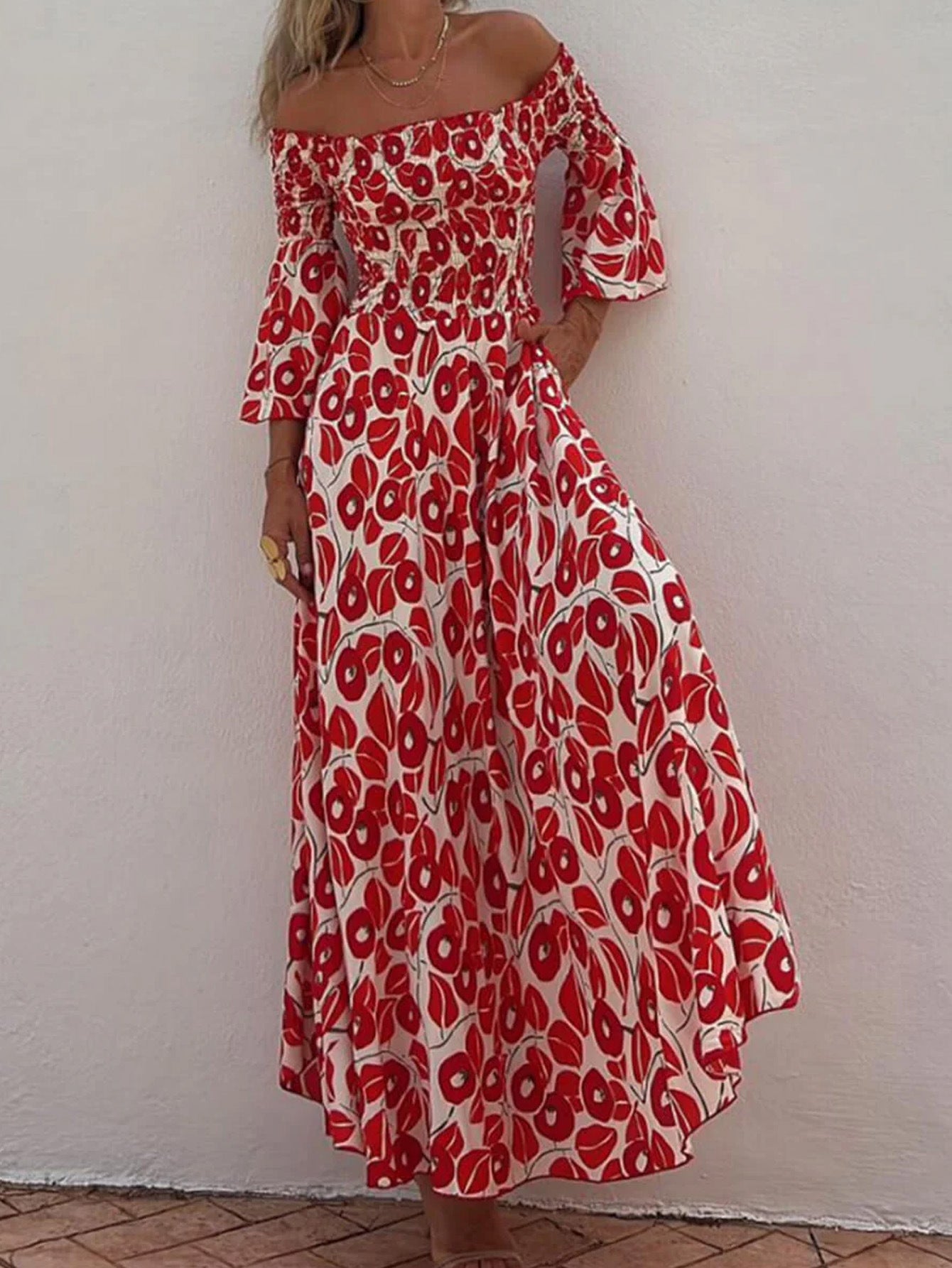' Vacation Flower Street Printed Off Shoulder Waist Pocket Long Dress