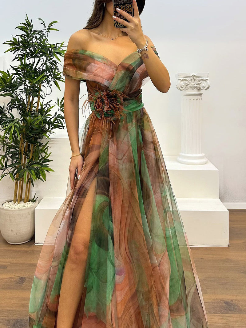 Fairy Flower Feather Pendant Fallen Fold Off Shoulder Party Split Design Long Dress