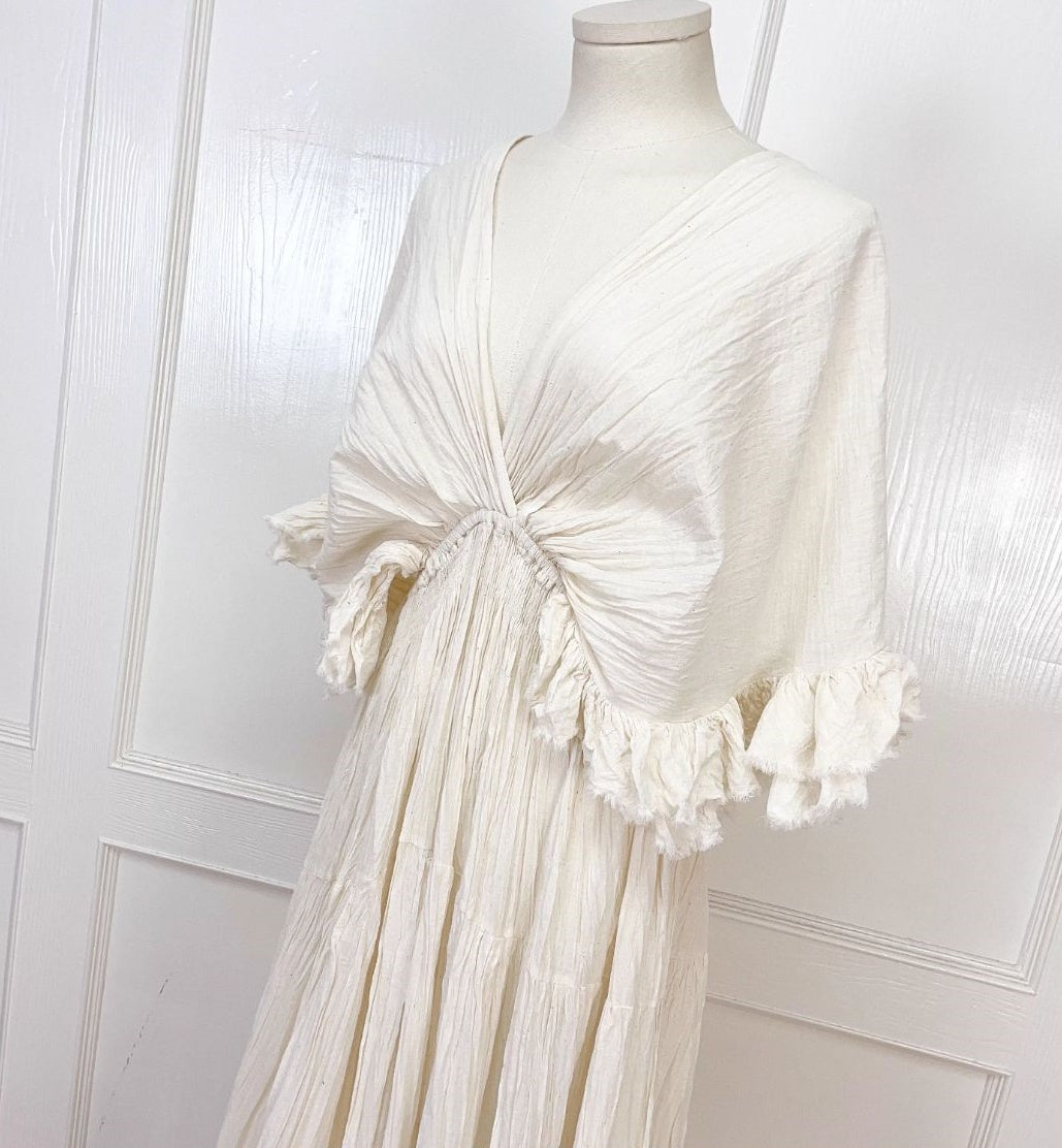 Tailande Linen Maxi Dress _ V-neck Ruffle Goddess Gown With 10-meter Full Hem