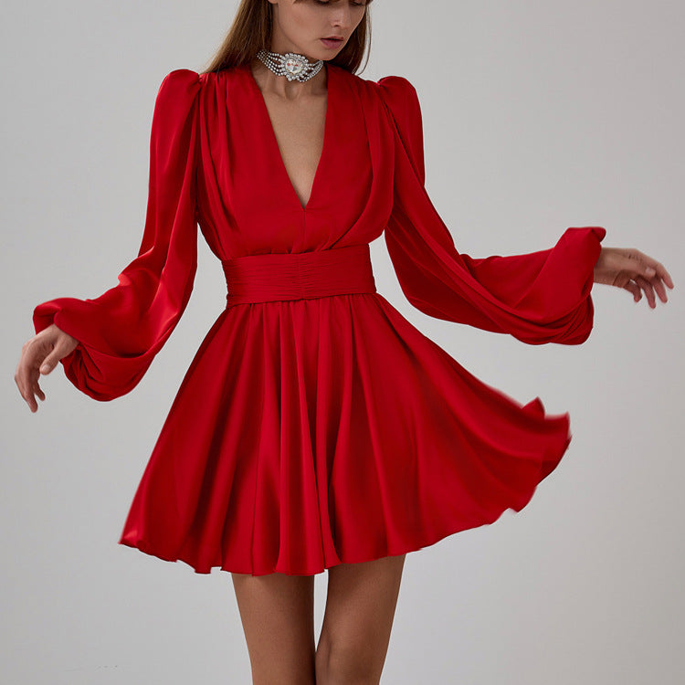 Ruched Puff Sleeve V Neck Waist Belt Satin a Line Mini Dress