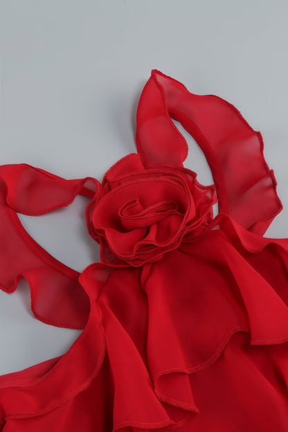 Roalk Red Ruffled 3d Flower Maxi Dress
