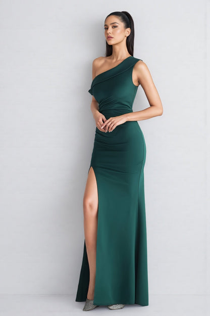 Porsha Emerald One-shoulder Pleated Maxi Dress