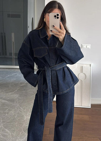Indigo Structure Denim Set – Belted Oversized Jacket and Straight-leg Pants