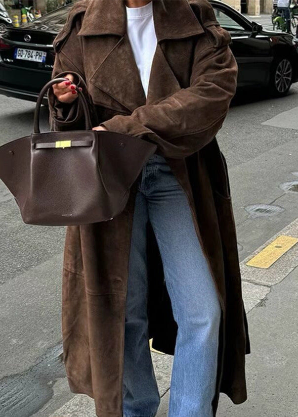 Suede Belted Long Trench Coat – Oversized Double-breasted Brown Jacket