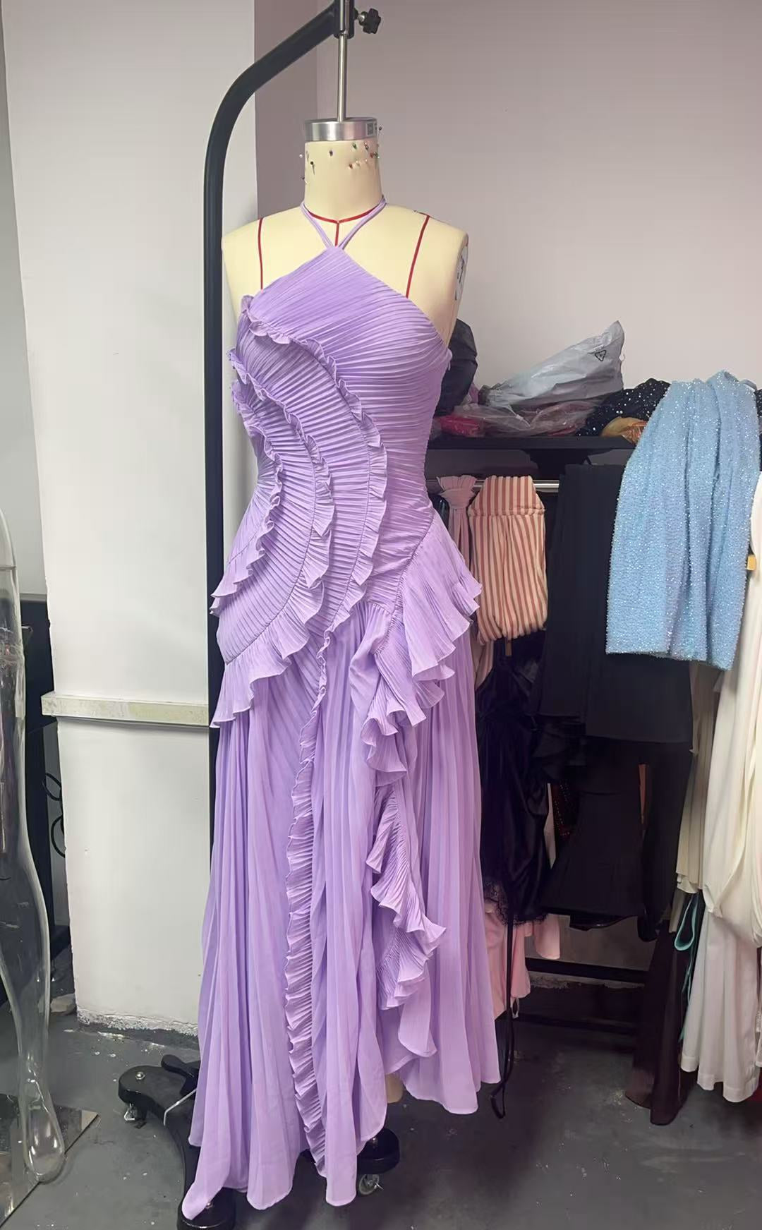 Halter Neck Pleated Maxi Dress _ High-quality Purple Vacation Dress
