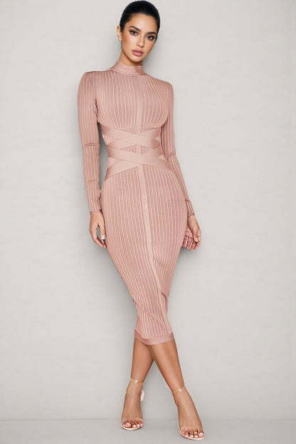 Layra Colour Stand Collar Midi Dress-brown