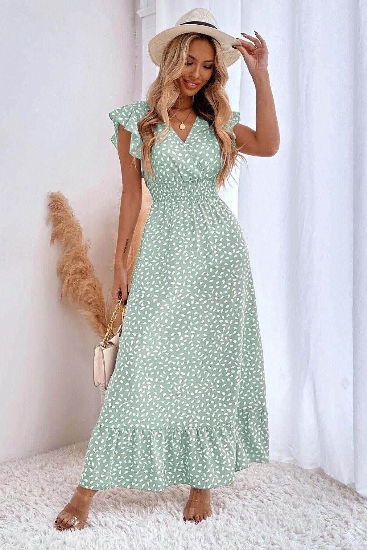 V-neck Ruffle Sleeve High Waist Dress