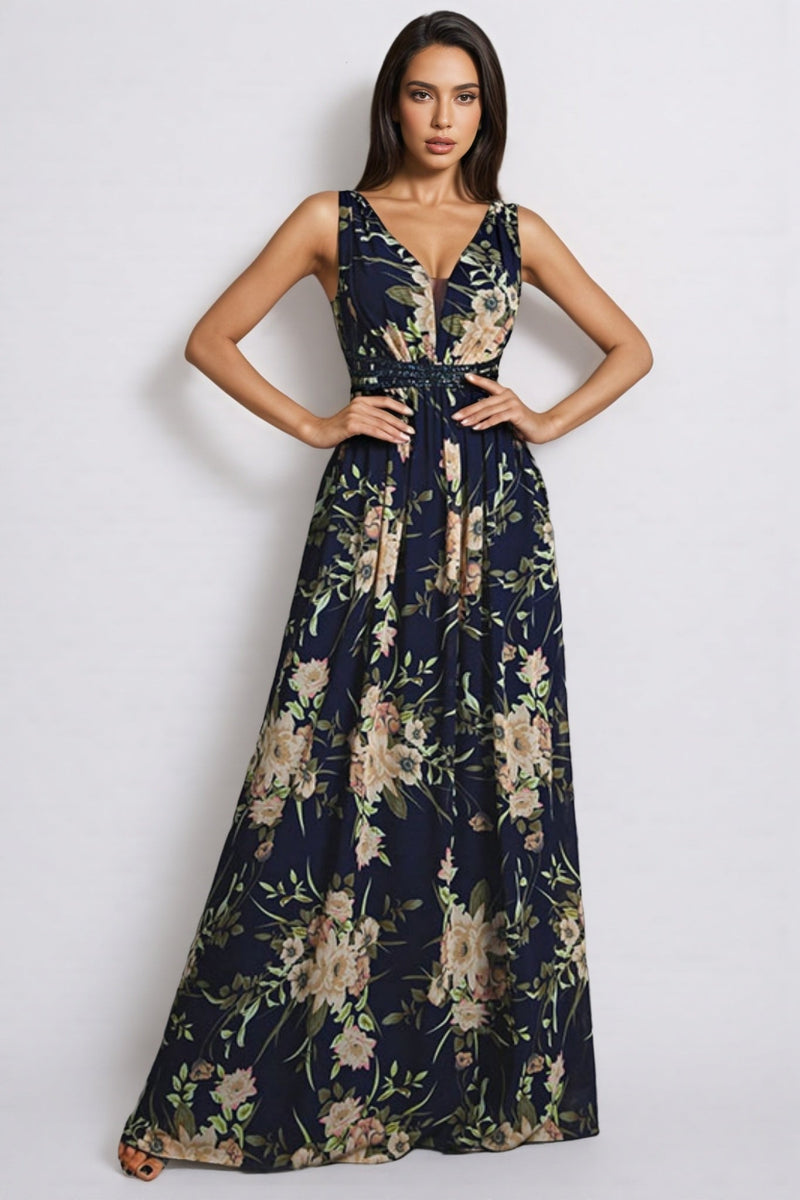 Hedar Deep V-neck Printed Maxi Dress
