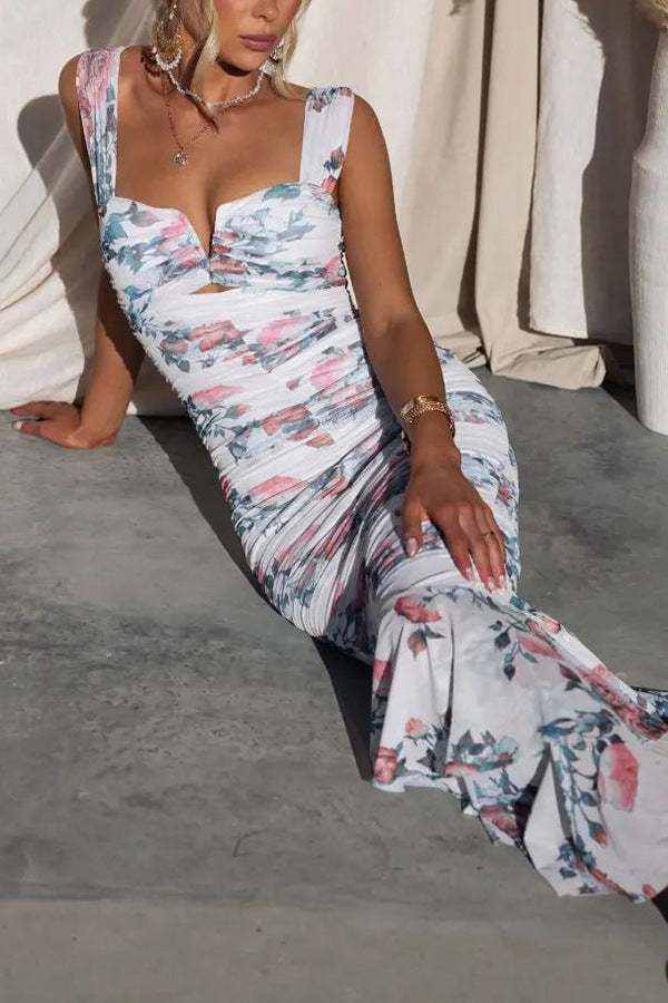 Styled to Perfection Ruched Mesh Overlay Ruffle Hem Maxi Dress