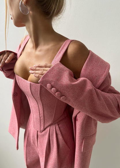 Rosé Herringbone Blazer and Corset Jumpsuit Set – Modern Two-piece Suit for