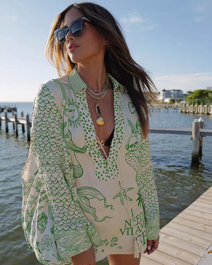 ' Wealthy Satin Unique Printed Tassel Shirt and Elastic Waist Shorts Set