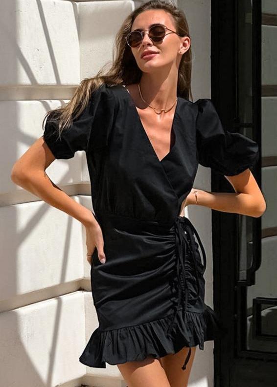Puff Sleeve Wrap Dress With Ruffle Hem