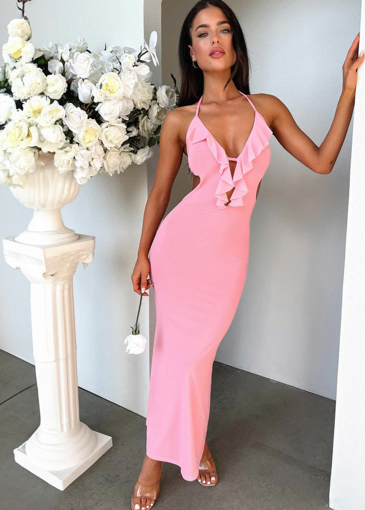 Serene Grace - Halter Maxi Dress With Ruffle Detail