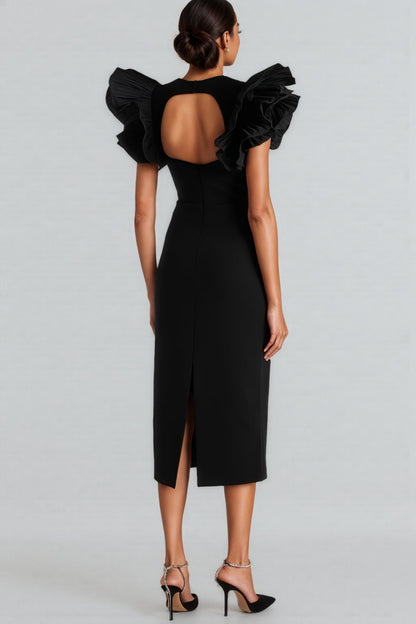 Starsha Black Puff Sleeve Midi Dress