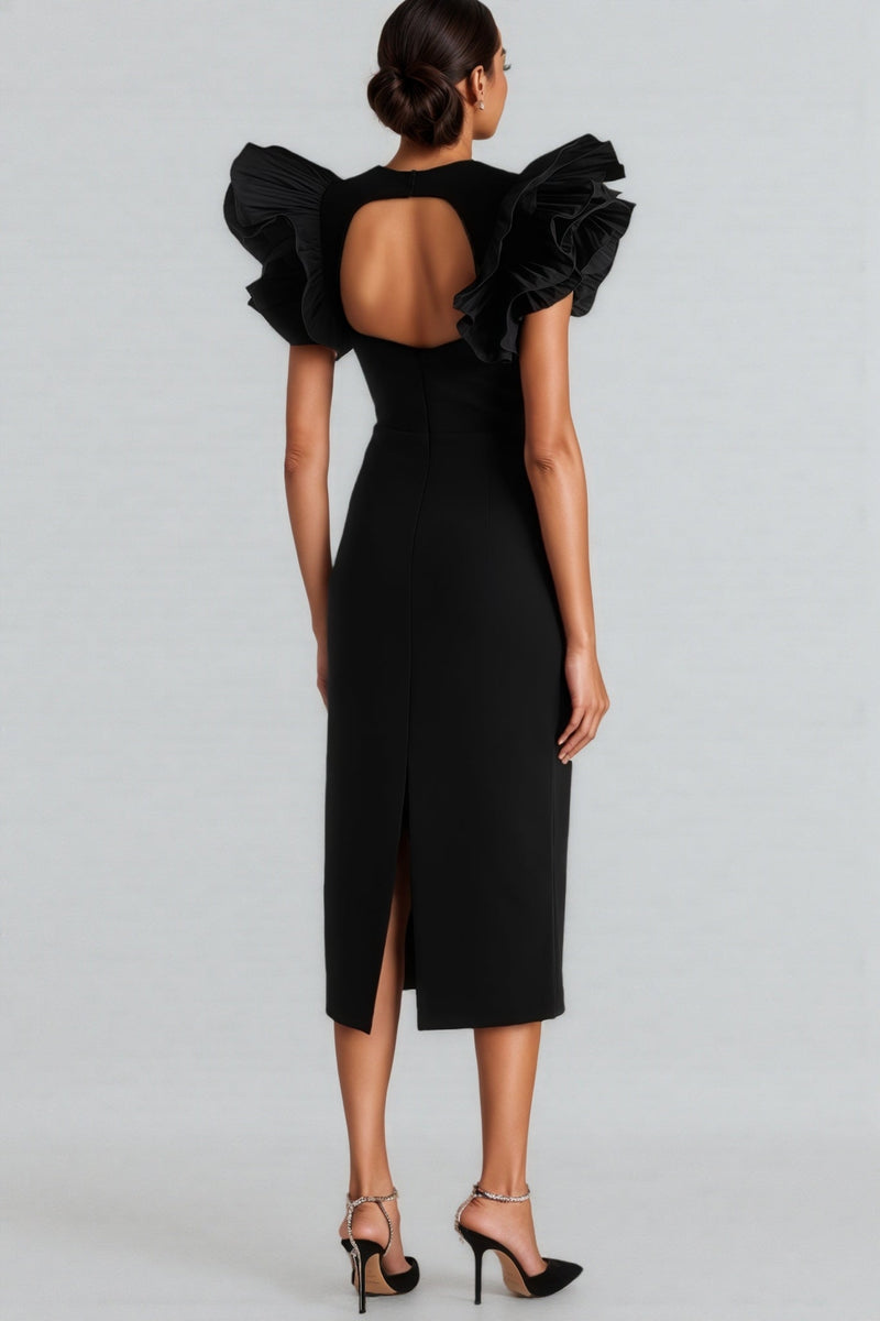 Starsha Black Puff Sleeve Midi Dress