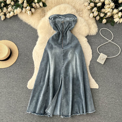 Hot Girl Retro Denim Skirt A-line Long Dress P125