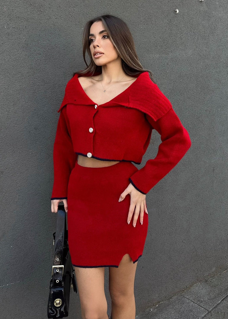 Scarlett - Off-shoulder Knit Cardigan & Mini Skirt Set