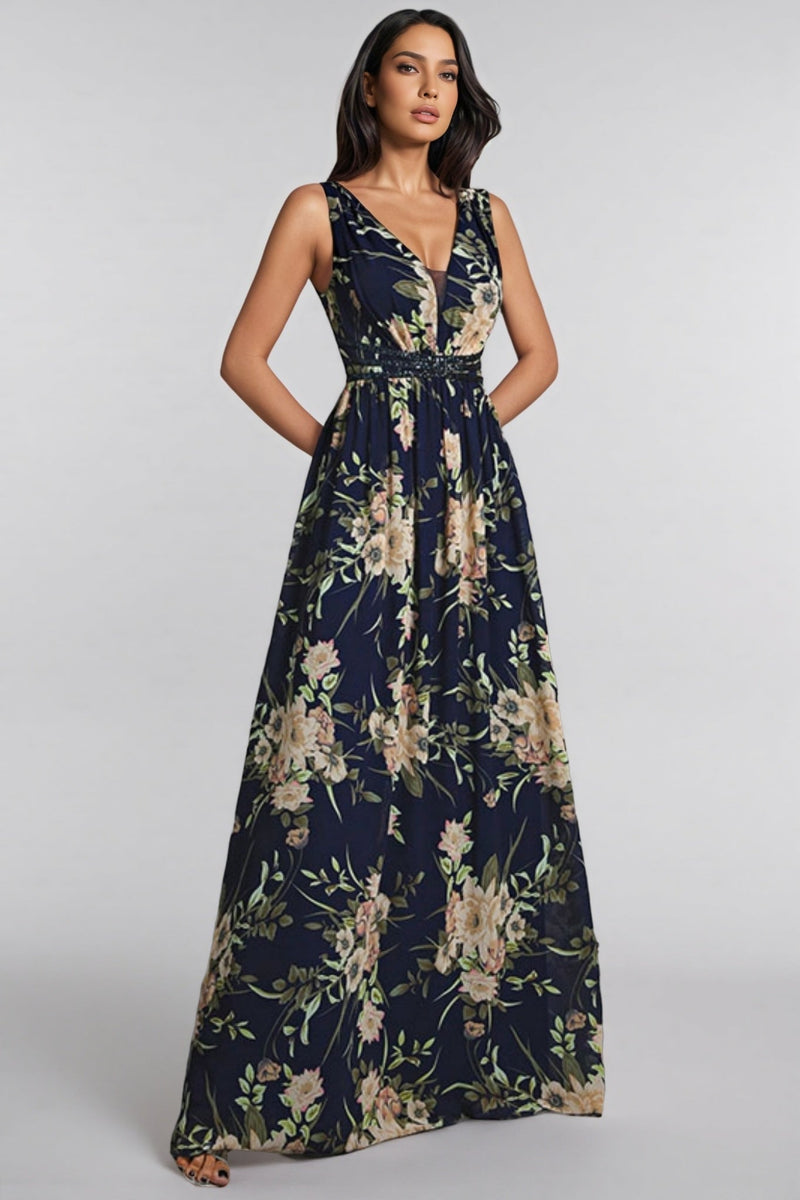 Hedar Deep V-neck Printed Maxi Dress