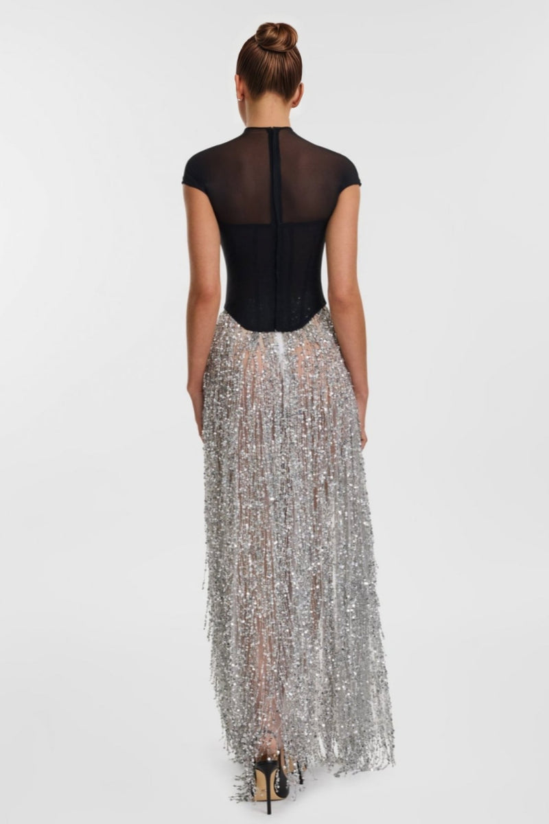 Xenia Fringe Beaded Maxi Dress Two Piece Set