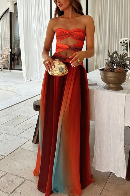 ' Sunset Strapless Tassel Printed Twisted Hollow Off Shoulder Vacation Long Dress