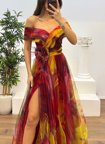 Fairy Flower Feather Pendant Fallen Fold Off Shoulder Party Split Design Long Dress