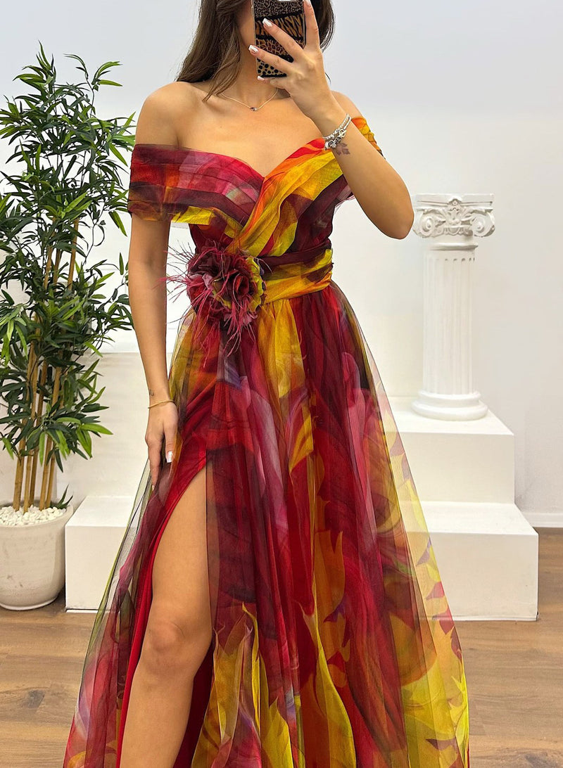 Fairy Flower Feather Pendant Fallen Fold Off Shoulder Party Split Design Long Dress