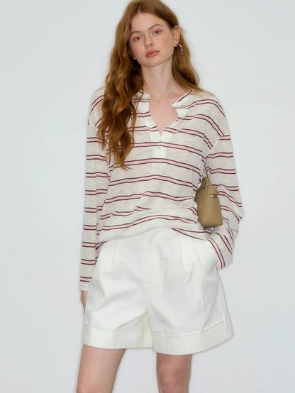 Striped V-neck Long Sleeve Sweatshirt